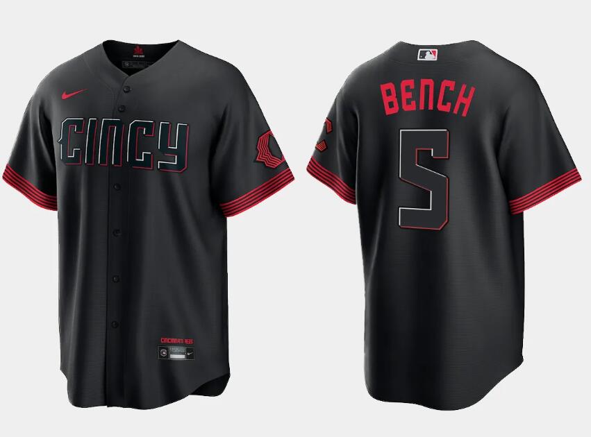 Men's Cincinnati Reds #5 Johnny Bench Black 2023 City Connect Cool Base Stitched Baseball Jersey Men's Cincinnati Reds #5 Johnny Bench Black 2023 City Connect Cool Base Stitched Baseball Jersey